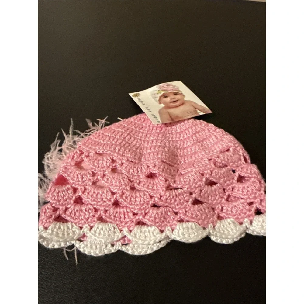 Jamie Rae Crochet Baby Hat Pink With Feather Flower Accent 0-6 Month
